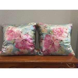 Set of 2 Floral Velvet Throw Pillows 20x20 Pink Blue Shimmer Cottagecore
